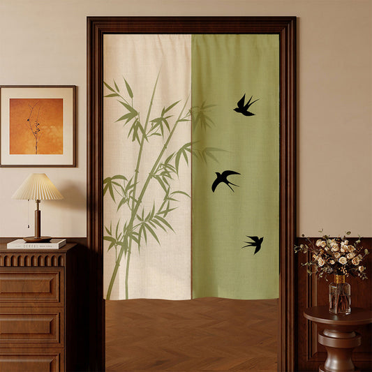 Japanese Traditional Minimalist Dual-Color Matcha Green & Cream Bamboo Stems & Flying Swallows Doorway Curtain Noren Zen Room Divider