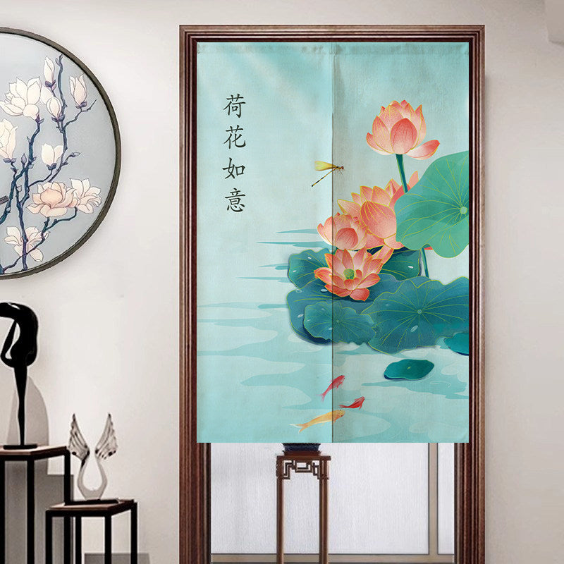 Japanese Traditional Azure Water Blooming Pink Lotus, Dragonfly & He Hua Ru Yi Calligraphy Doorway Curtain Noren Zen Room Divider