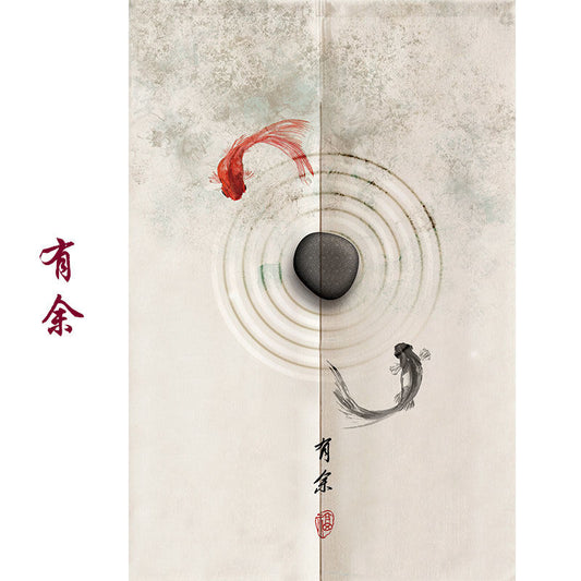Japanese Traditional Minimalist Yin-Yang Twin Goldfish, Zen Stone & Water Ripples Doorway Curtain Noren Room Divider