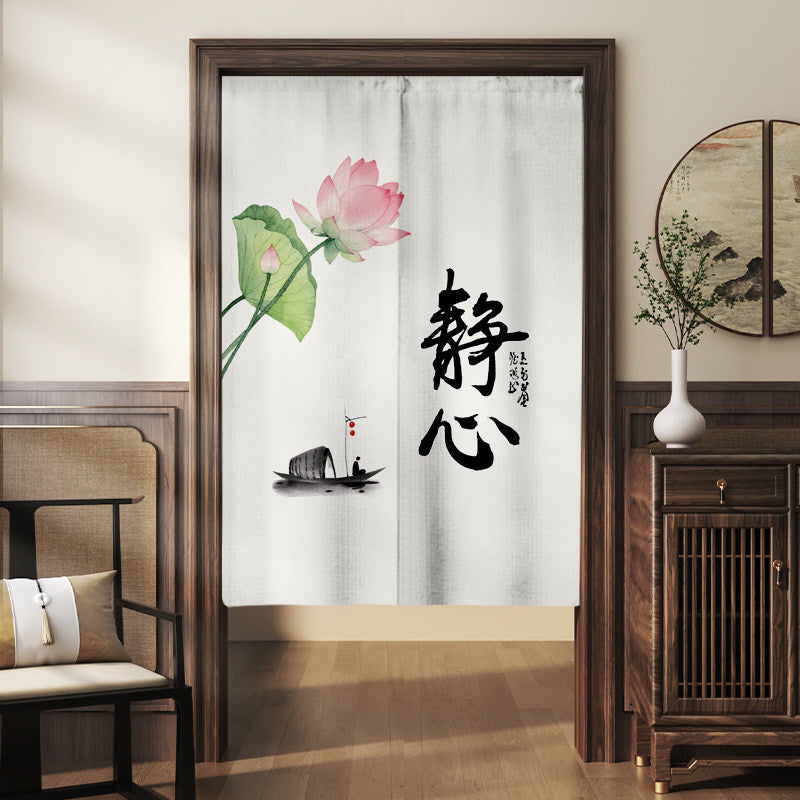 Japanese Traditional Minimalist Ink Wash Blooming Pink Lotus, Solitary Boat & Jing Xin Calligraphy Doorway Curtain Noren Zen Room Divider