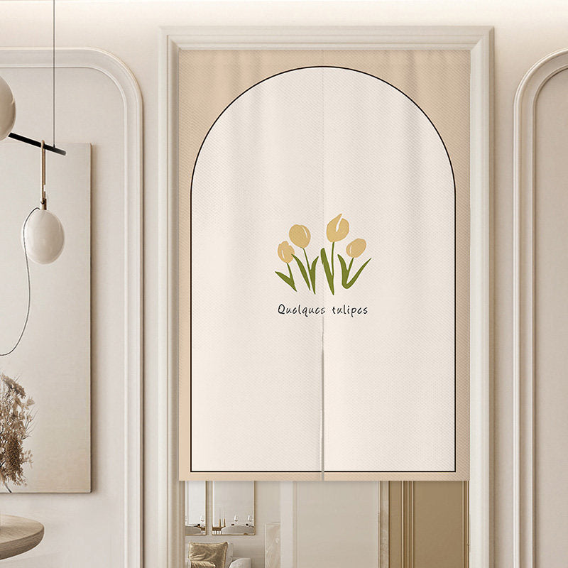 Minimalist French Archway Frame Yellow Tulips & French Typography Doorway Curtain Noren Room Divider
