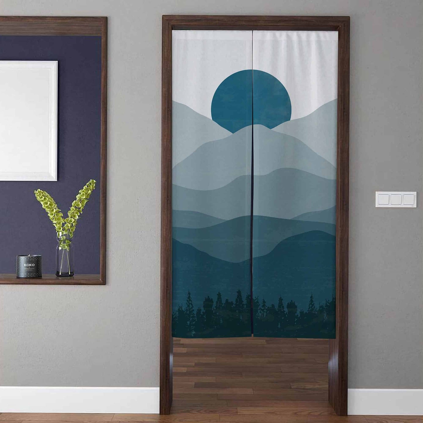 Minimalist Abstract Blue Mountain & Sun Doorway Curtain Noren Modern Room Divider