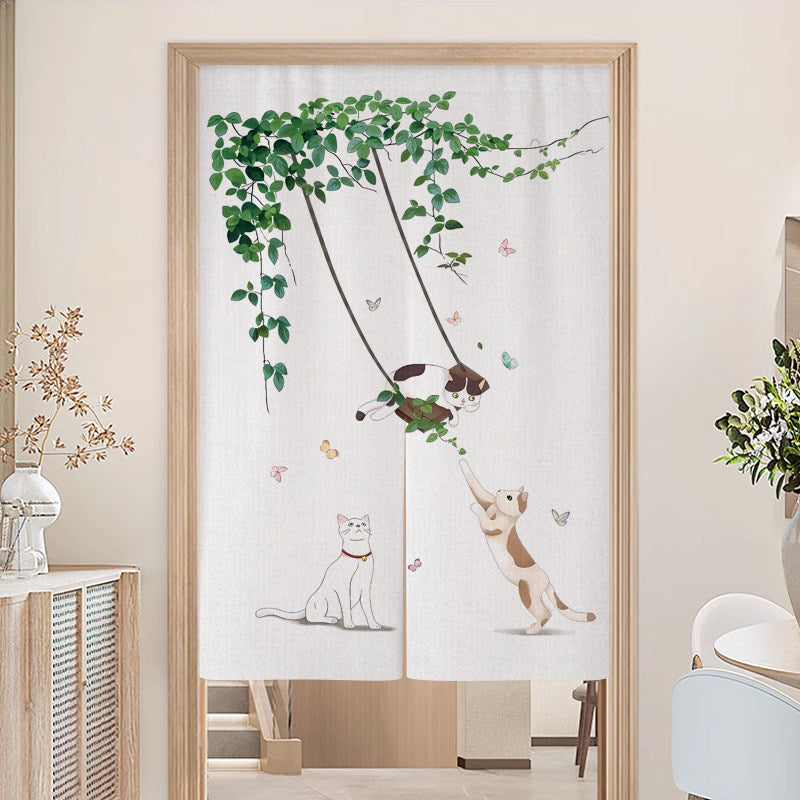 Minimalist Playful Cats on Vine Swing & Butterflies Illustration Doorway Curtain Noren Room Divider