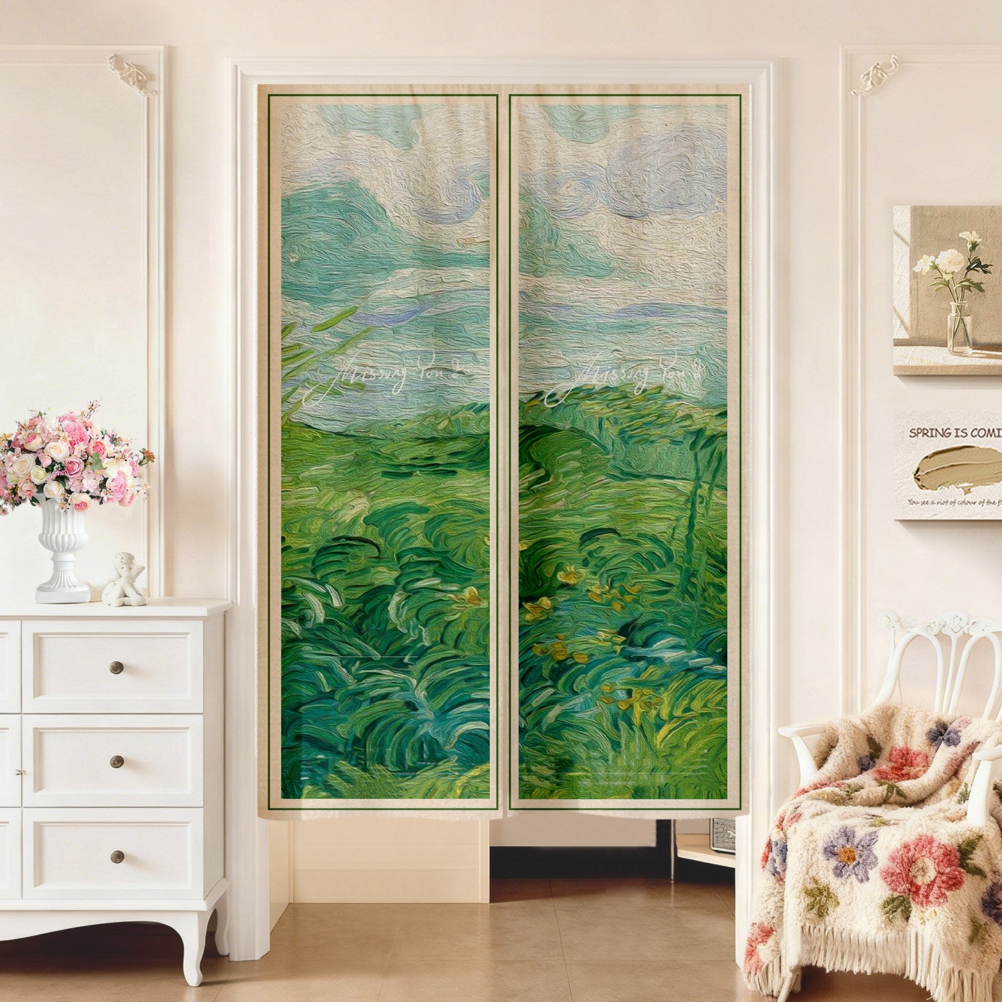 Minimalist Van Gogh Impressionist Green Field & Sky Oil Painting Doorway Curtain Noren Room Divider