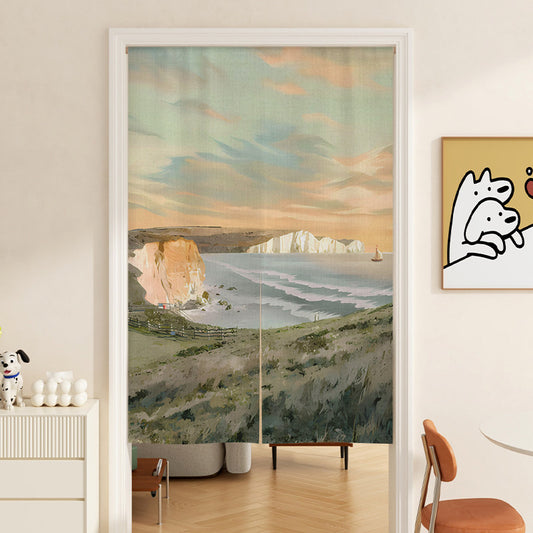 Minimalist Vintage Coastal Chalk Cliff & Sunset Ocean Sailboat Doorway Curtain Noren Room Divider