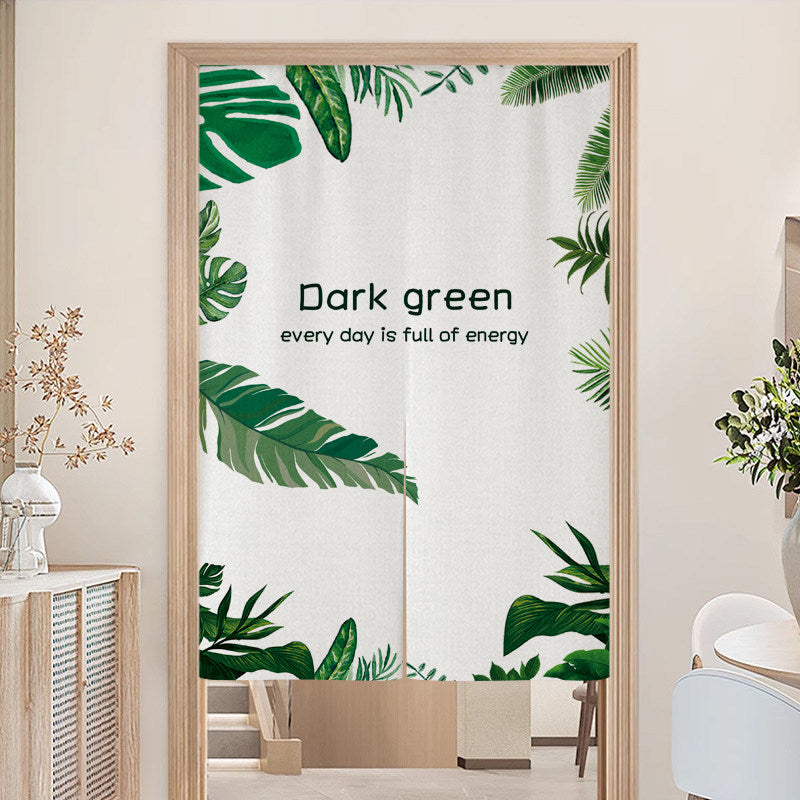 Minimalist Tropical Dark Green Monstera & Palm Leaves Typography Doorway Curtain Noren Room Divider
