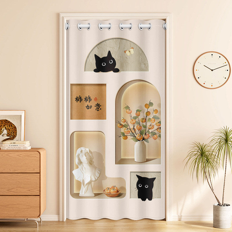 Minimalist 3D Niche Effect Black Cat, Harvest Persimmon Vase & Shi Shi Ru Yi Calligraphy Doorway Curtain Noren Room Divider