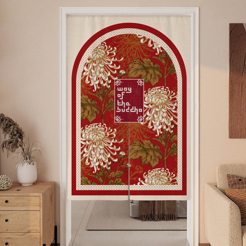 Japanese Traditional Vintage Arched Golden Chrysanthemum & Way of the Buddha Doorway Curtain Noren Zen Room Divider