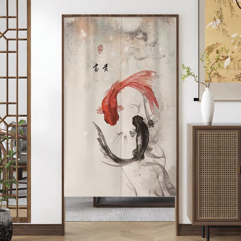 Japanese Traditional Minimalist Red & Black Tai Chi Twin Goldfish Fu Gui Calligraphy Doorway Curtain Noren Zen Room Divider