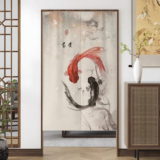 Japanese Traditional Minimalist Red & Black Tai Chi Twin Goldfish Fu Gui Calligraphy Doorway Curtain Noren Zen Room Divider