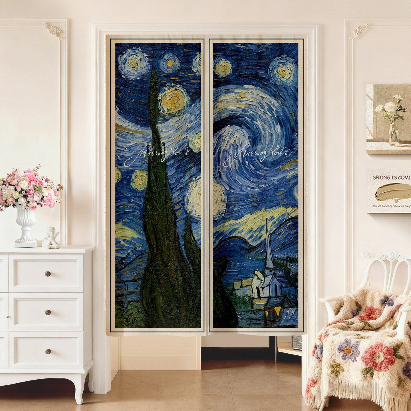 Minimalist Van Gogh The Starry Night Oil Painting Swirling Sky Doorway Curtain Noren Room Divider