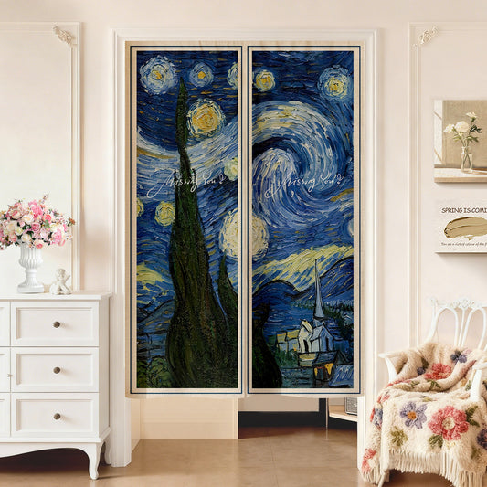 Minimalist Van Gogh The Starry Night Oil Painting Swirling Sky Doorway Curtain Noren Room Divider