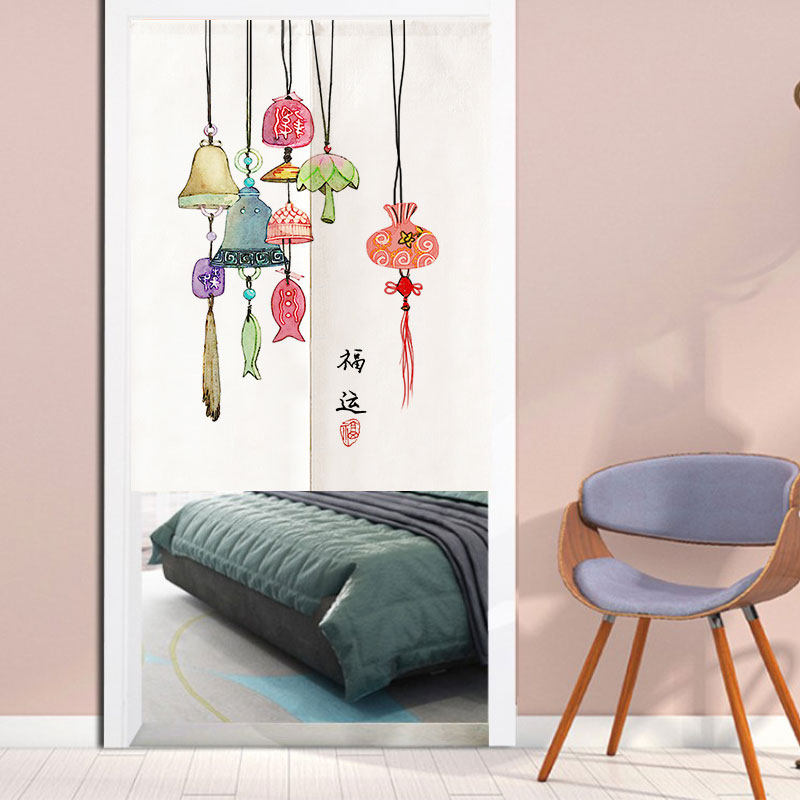 Japanese Traditional Vintage Hanging Wind Chimes & Fu Yun Calligraphy Doorway Curtain Noren Zen Room Divider