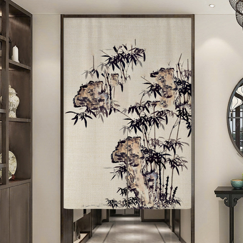 Japanese Traditional Vintage Ink Wash Bamboo Stems & Scholar Stones Doorway Curtain Noren Zen Room Divider