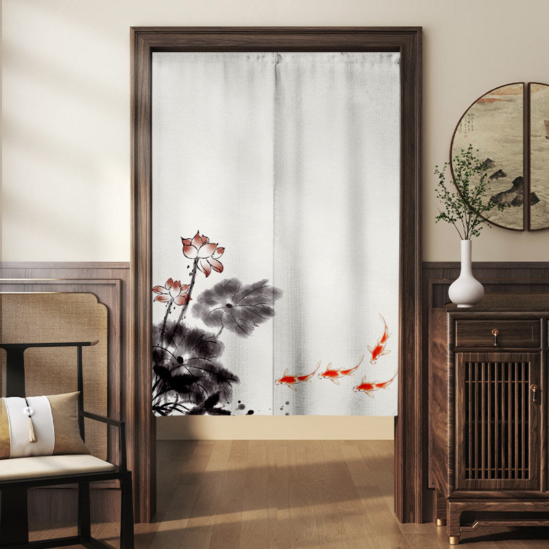 Japanese Traditional Minimalist Ink Wash Crimson Lotus & Swimming Red Koi Fish Doorway Curtain Noren Zen Room Divider