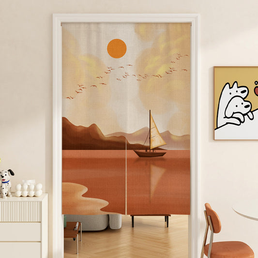 Minimalist Vintage Golden Sunset Lake, Terracotta Sailboat & Flying Birds Doorway Curtain Noren Room Divider