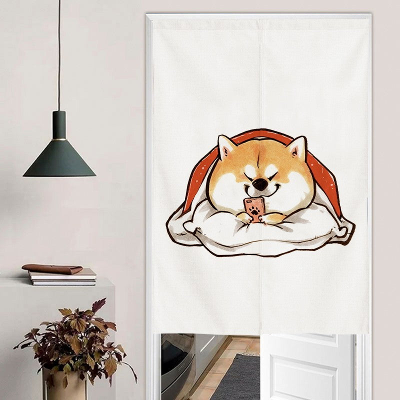 Minimalist Cozy Shiba Inu Dog in Red Blanket Playing Phone Doorway Curtain Noren Room Divider