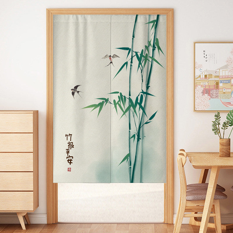 Japanese Traditional Emerald Bamboo, Flying Swallows & Zhu Bao Ping An Calligraphy Doorway Curtain Noren Zen Room Divider