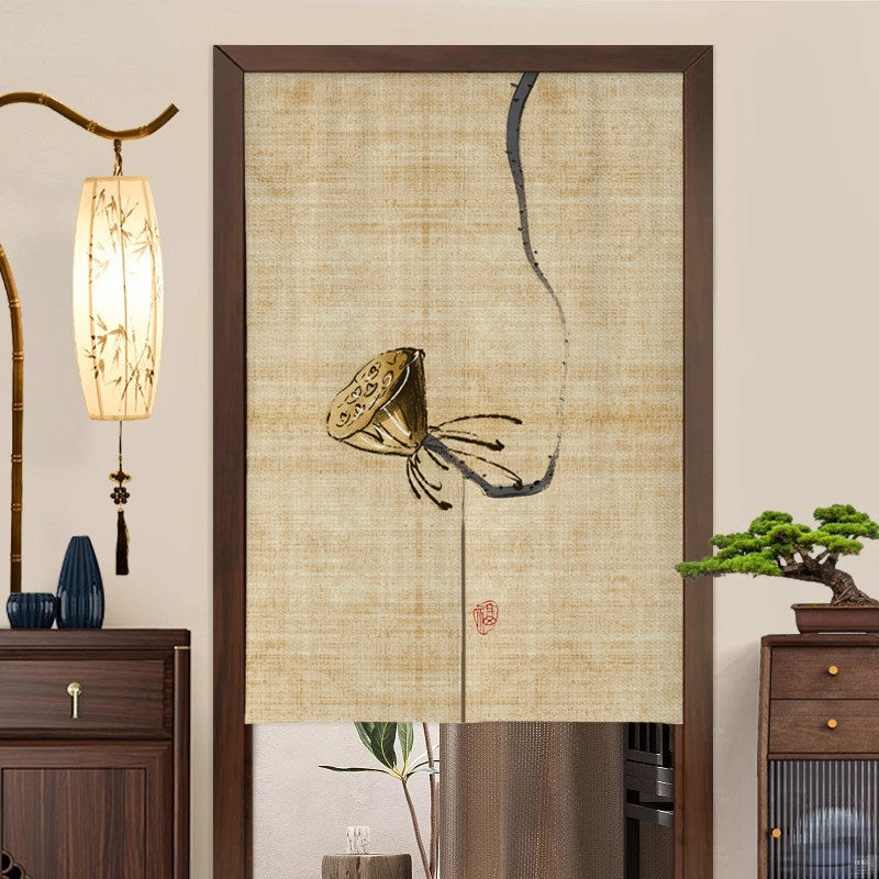 Japanese Traditional Minimalist Wabi-Sabi Ink Wash Dried Lotus Pod Doorway Curtain Noren Zen Room Divider