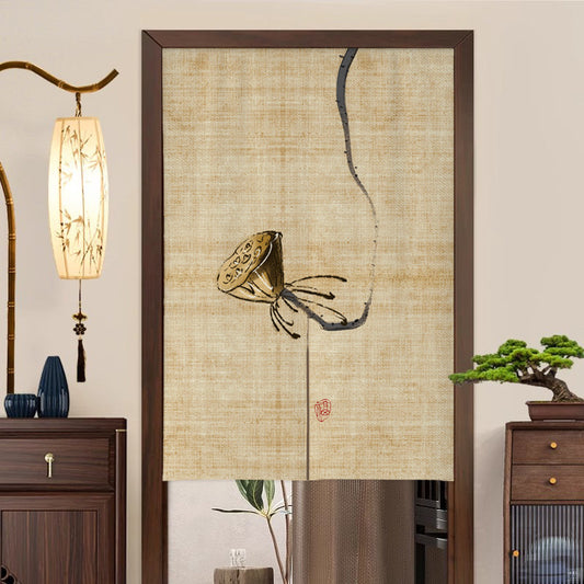 Japanese Traditional Minimalist Wabi-Sabi Ink Wash Dried Lotus Pod Doorway Curtain Noren Zen Room Divider
