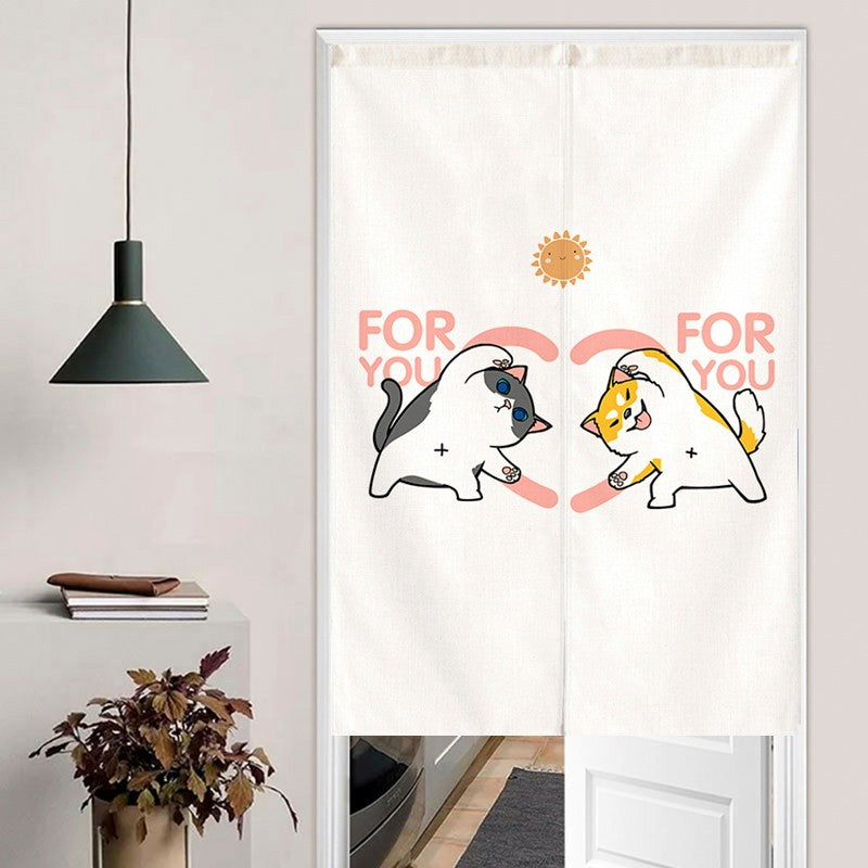 Minimalist Cute Grey Cat & Shiba Inu Dog Making Heart Gesture "For You" Doorway Curtain Noren Room Divider