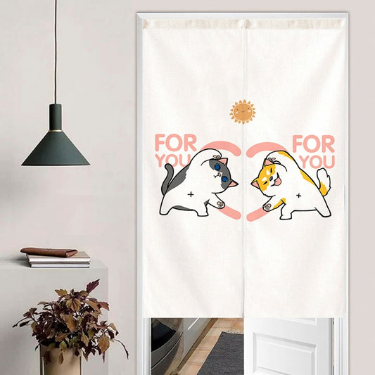 Minimalist Cute Grey Cat & Shiba Inu Dog Making Heart Gesture "For You" Doorway Curtain Noren Room Divider