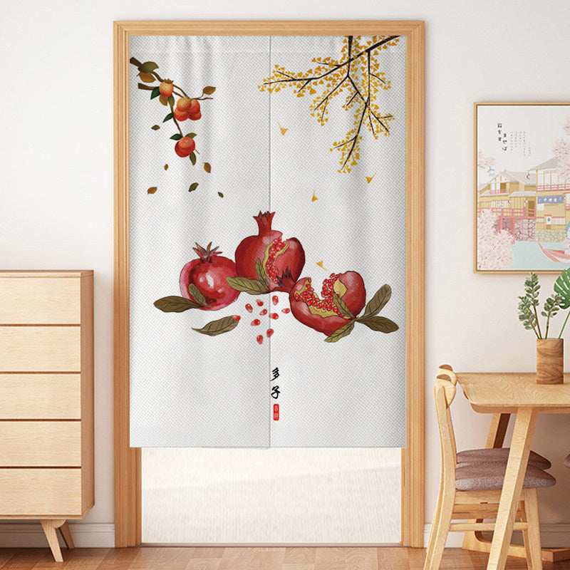 Japanese Traditional Vintage Crimson Pomegranates, Golden Gingko & Duo Zi Calligraphy Doorway Curtain Noren Zen Room Divider