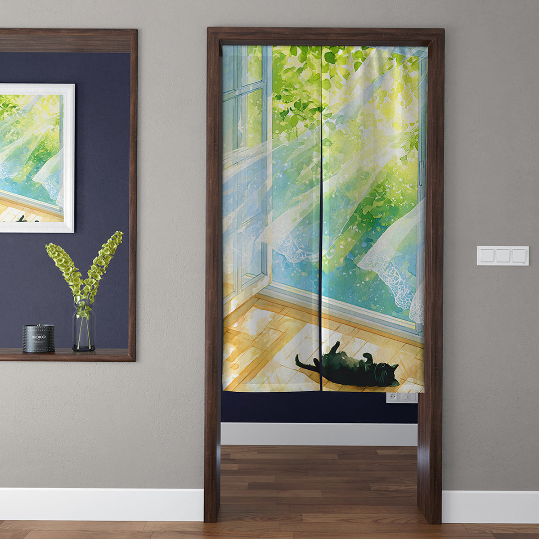 Sunlit Window & Cozy Lazy Black Cat Doorway Curtain Noren Japanese Healing Room Divider