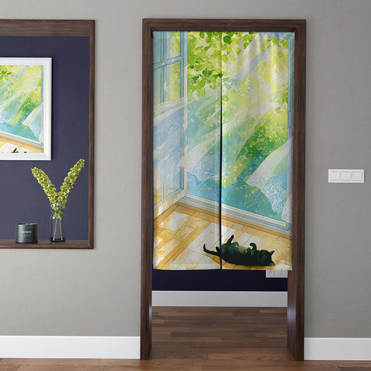 Sunlit Window & Cozy Lazy Black Cat Doorway Curtain Noren Japanese Healing Room Divider
