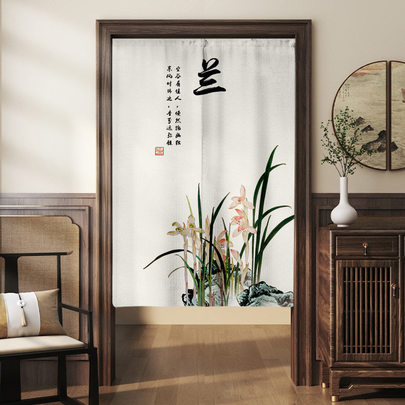 Japanese Traditional Minimalist Peach Orchid Flowers & Poetry Calligraphy Doorway Curtain Noren Zen Room Divider