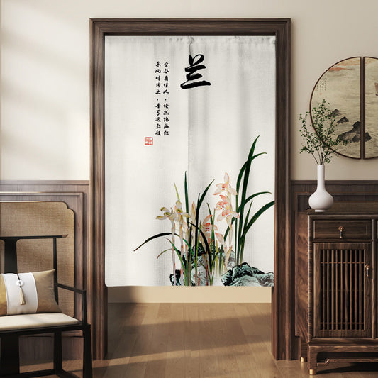 Japanese Traditional Minimalist Peach Orchid Flowers & Poetry Calligraphy Doorway Curtain Noren Zen Room Divider