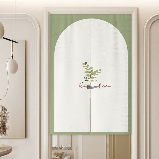 Minimalist Sage Green Archway Block Small Leaf Branch & Simple and Warm Typography Doorway Curtain Noren Room Divider