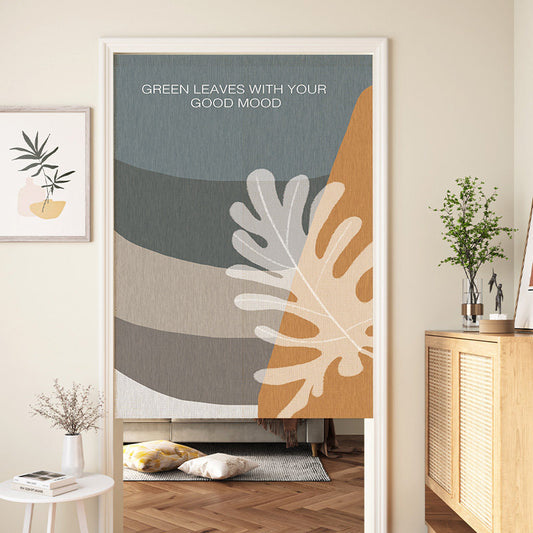 Minimalist Mid-Century Abstract Slate Blue Wave & Mustard Monstera Leaf Typography Doorway Curtain Noren Room Divider