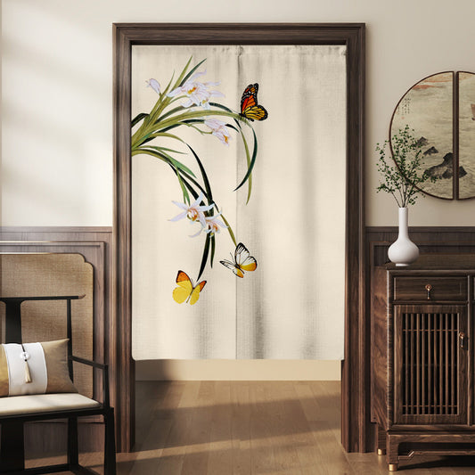 Japanese Traditional Minimalist White Orchid Flowers & Monarch Butterflies Doorway Curtain Noren Zen Room Divider