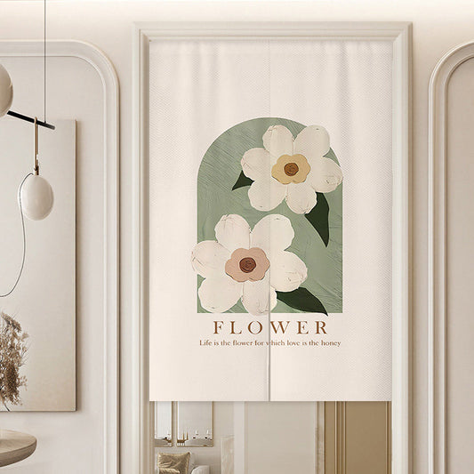 Minimalist Sage Green Archway Block Impasto White Flowers & Life Is the Flower Typography Doorway Curtain Noren Room Divider