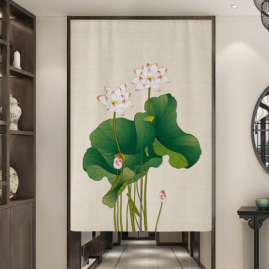 Japanese Traditional Gongbi Twin Pink Lotus Flowers & Emerald Leaves Doorway Curtain Noren Zen Room Divider