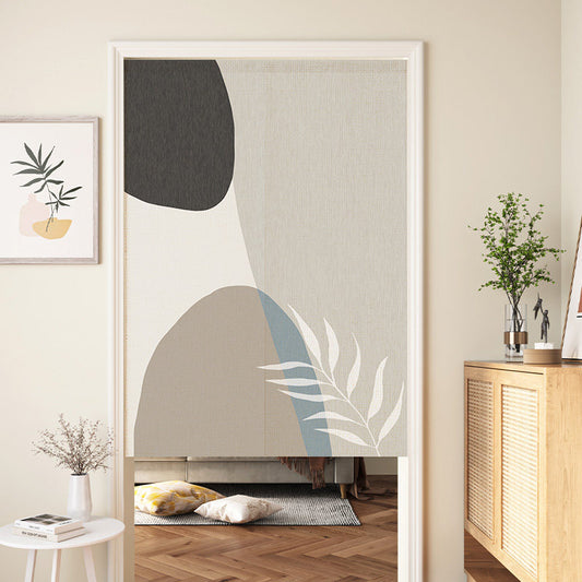 Minimalist Mid-Century Abstract Charcoal & Taupe Organic Color Blocks White Palm Leaf Doorway Curtain Noren Room Divider