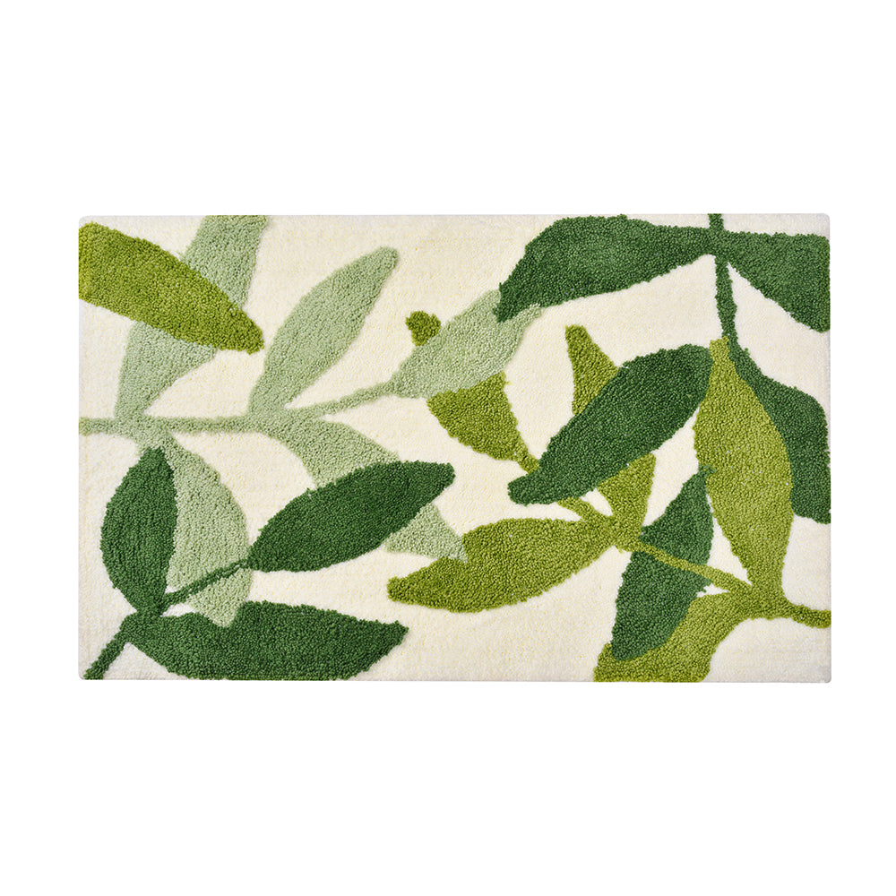 Green Leaves Bath Mat - Ultra-Soft Absorbent Fluffy Bathroom Rug | Non-Slip Washable Botanical Bath Rug