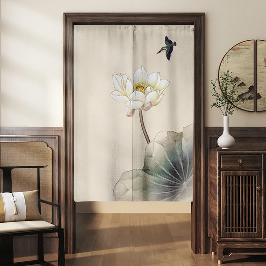 Japanese Traditional Minimalist Blooming White Lotus & Hovering Kingfisher Doorway Curtain Noren Zen Room Divider