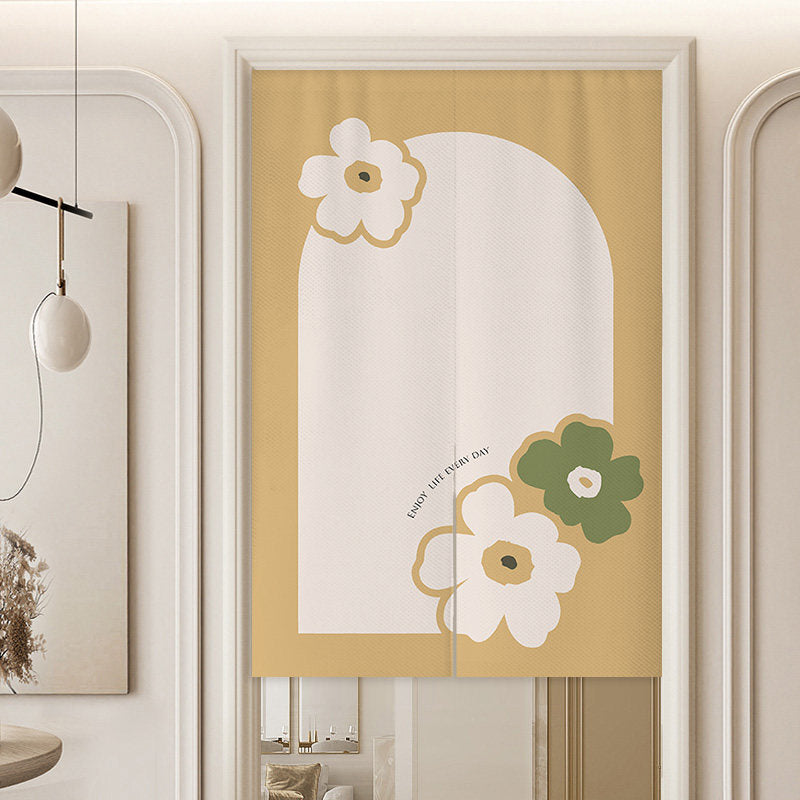 Minimalist Warm Yellow Ochre Archway Block White & Olive Flowers Enjoy Life Every Day Typography Doorway Curtain Noren Room Divider