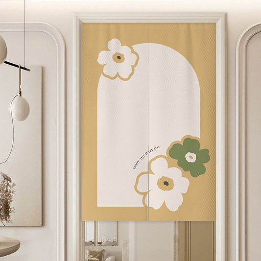 Minimalist Warm Yellow Ochre Archway Block White & Olive Flowers Enjoy Life Every Day Typography Doorway Curtain Noren Room Divider
