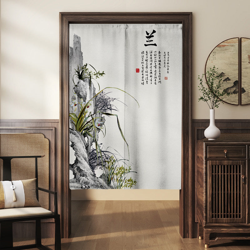 Japanese Traditional Minimalist Ink Wash Scholar Rocks & Wild Orchids Poetry Calligraphy Doorway Curtain Noren Zen Room Divider