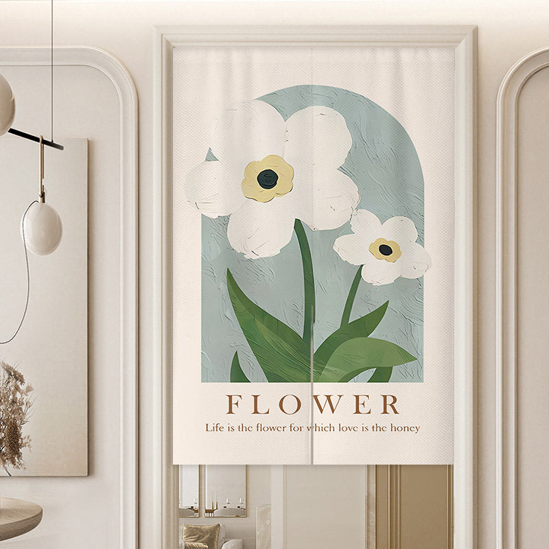 Minimalist Slate Blue Archway Block Impasto White Flowers & Life Is the Flower Typography Doorway Curtain Noren Room Divider