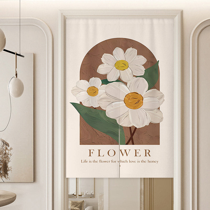 Minimalist Terracotta Brown Archway Block Impasto White Daisy Flowers & Life Is the Flower Typography Doorway Curtain Noren Room Divider
