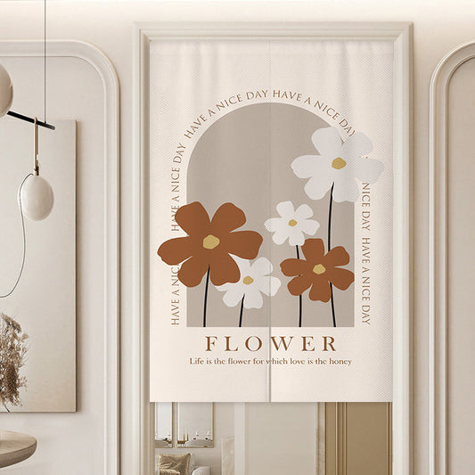 Minimalist Taupe Beige Archway Block Brown & White Daisy Flowers Have a Nice Day Typography Doorway Curtain Noren Room Divider