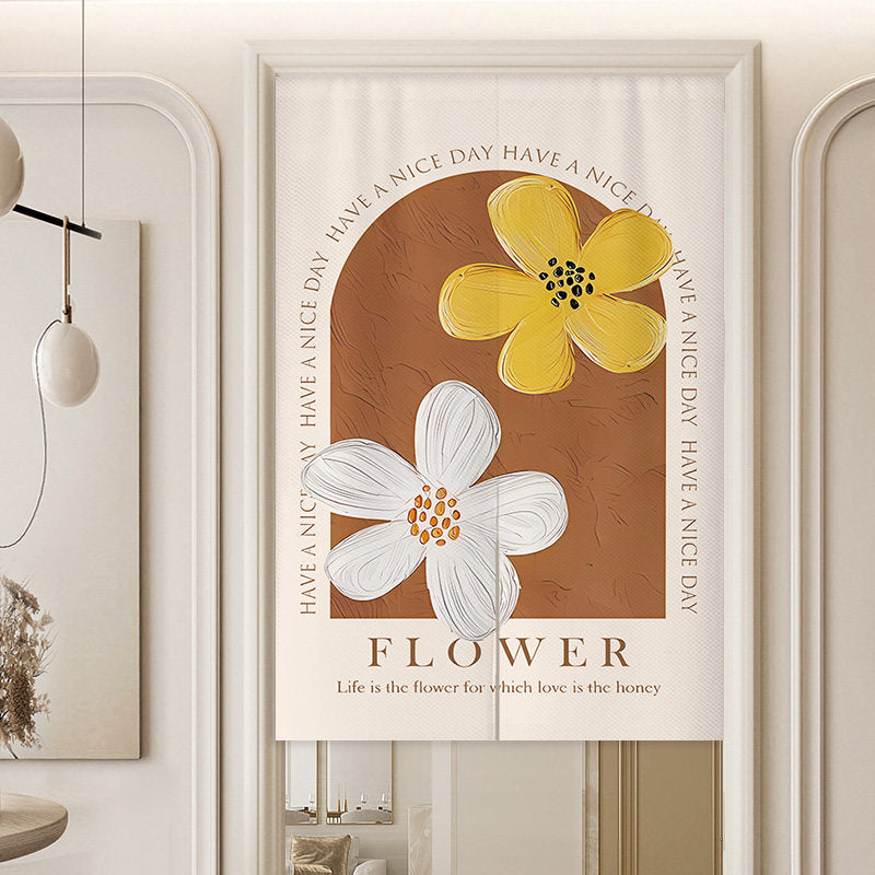 Minimalist Terracotta Brown Archway Block Impasto Yellow & White Flowers Have a Nice Day Typography Doorway Curtain Noren Room Divider