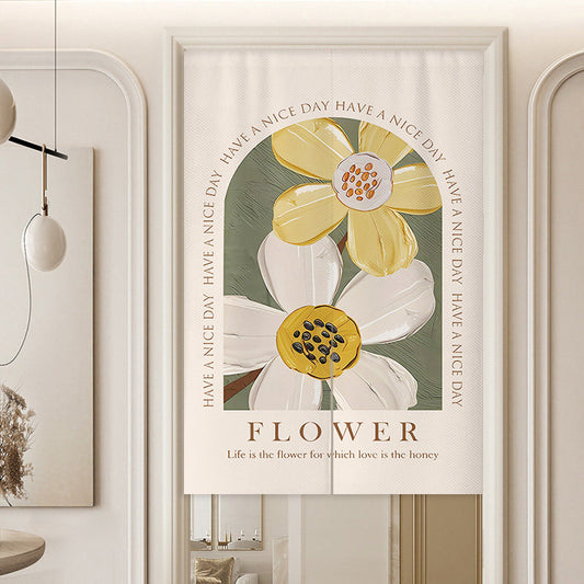 Minimalist Sage Green Archway Block Impasto Yellow & White Flowers Have a Nice Day Typography Doorway Curtain Noren Room Divider