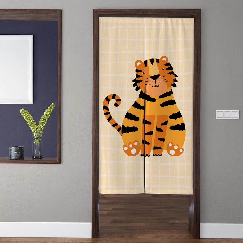 Cute Cartoon Sitting Tiger with Yellow Grid Background Doorway Curtain Noren Room Divider