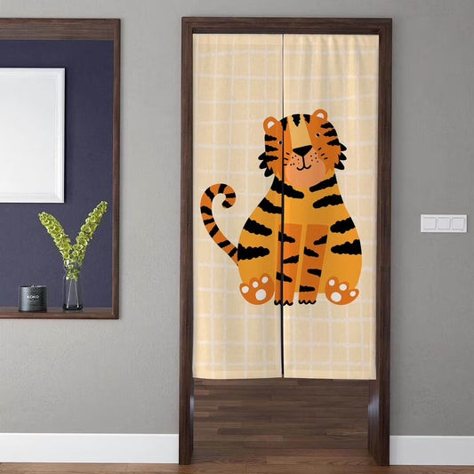 Cute Cartoon Sitting Tiger with Yellow Grid Background Doorway Curtain Noren Room Divider