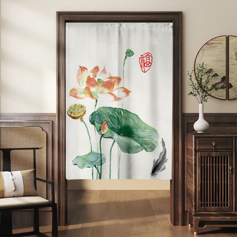 Japanese Traditional Watercolor Lotus Flower, Swimming Koi Fish & Fu Seal Doorway Curtain Noren Zen Room Divider